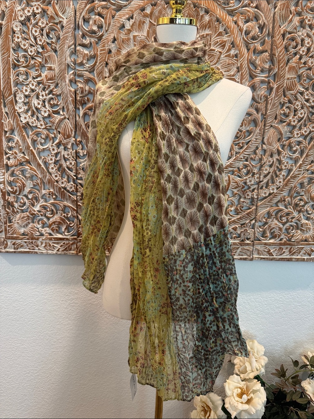 Notations Lightweight Floral Parchwork Scarf NWT Brown, Green, Teal, & Taupe